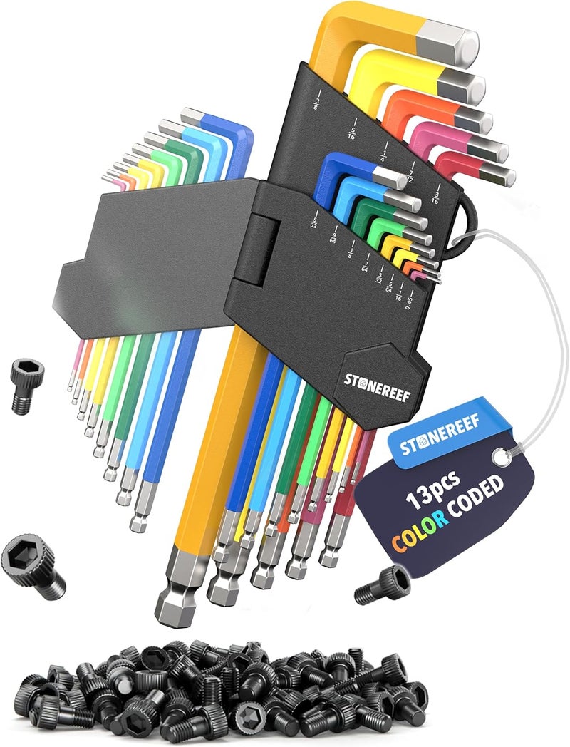STONE REEF 13 Piece SAE Allen Wrench Set Ball End Hex Keys Color Coded L Shape Design Alloy Steel Tool Kit for Bike Furniture Repair DIY Projects - Image 1